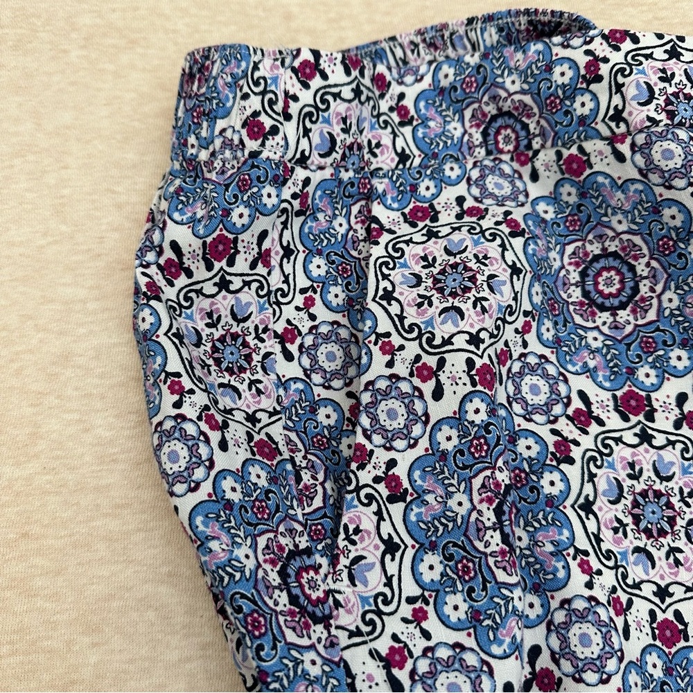 Loft Women's Size L Floral Linen Blue Cotton Elastic Waist High Rise Crop Pants - Picture 4 of 9